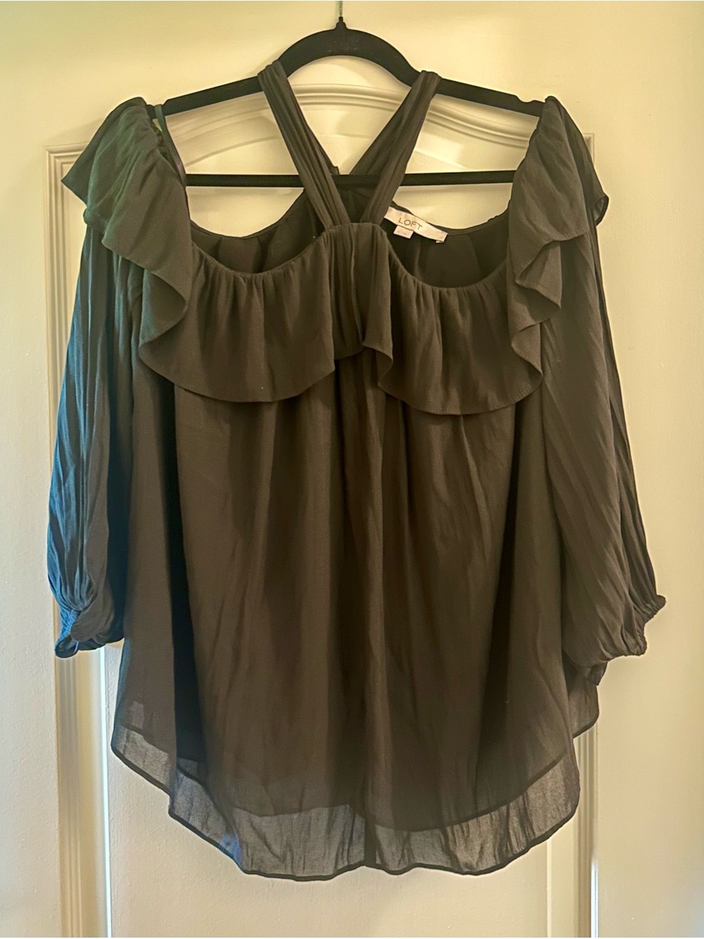 LOFT Black Off-Shoulder Ruffle Top with Crisscross Straps